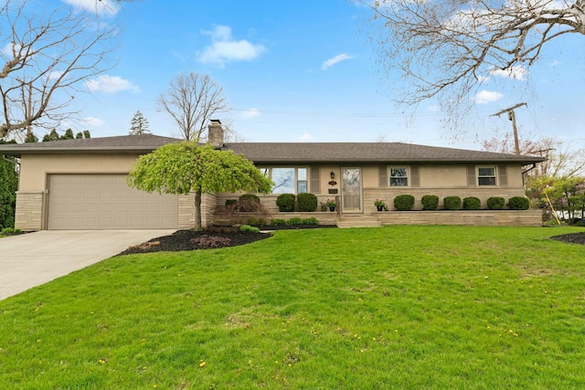 ranch-style house with concrete driveway, a garage, stucco siding, and a front yard