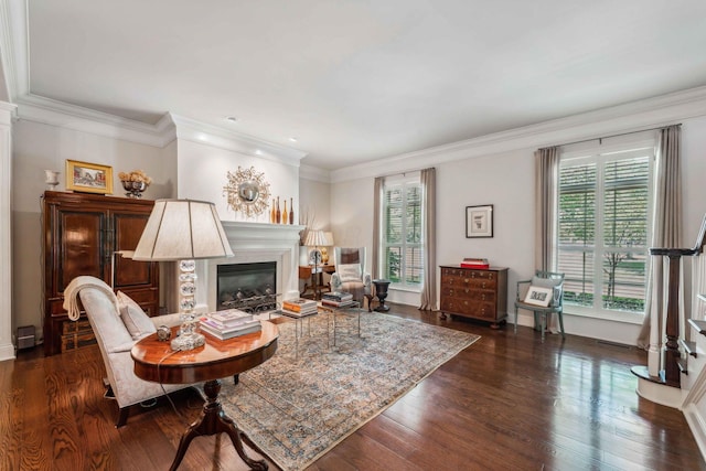 living room with dark hardwood / wood-style flooring, a wealth of natural light, and ornamental molding