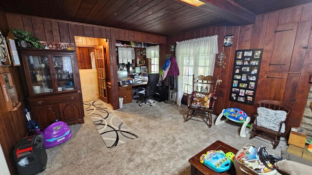 3483 State Route 257, Ostrander, OH 43061 - carpeted office space featuring wooden walls, beamed ceiling, and wooden ceiling