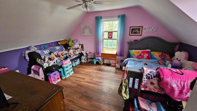 3483 State Route 257, Ostrander, OH 43061 - bedroom with ceiling fan, lofted ceiling, and hardwood / wood-style flooring