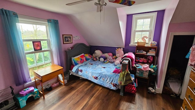 3483 State Route 257, Ostrander, OH 43061 - bedroom with multiple windows, ceiling fan, dark hardwood / wood-style flooring, and vaulted ceiling