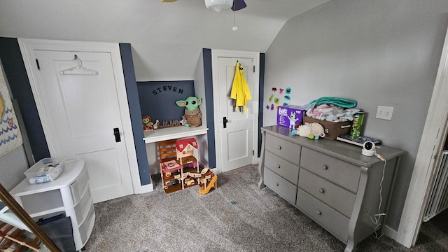 3483 State Route 257, Ostrander, OH 43061 - bedroom with dark carpet, vaulted ceiling, and ceiling fan