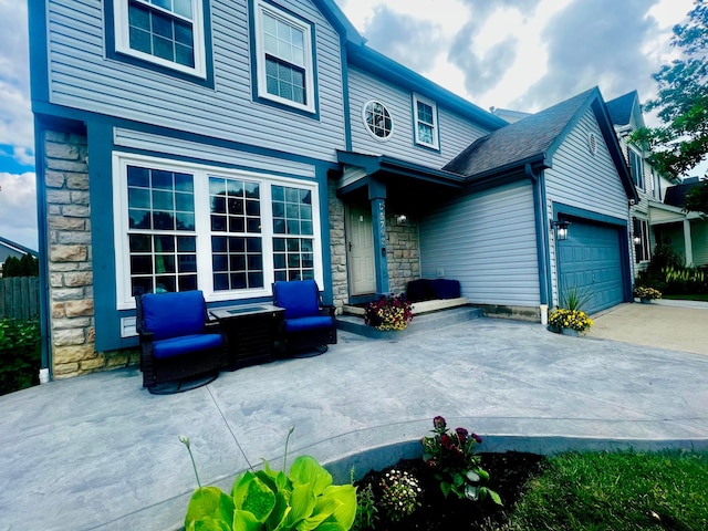 exterior space with a garage