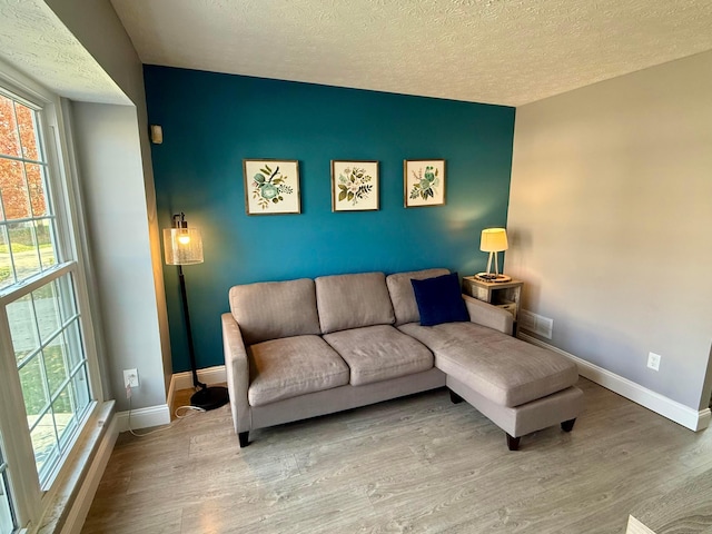 living room with a textured ceiling and light wood-type flooring