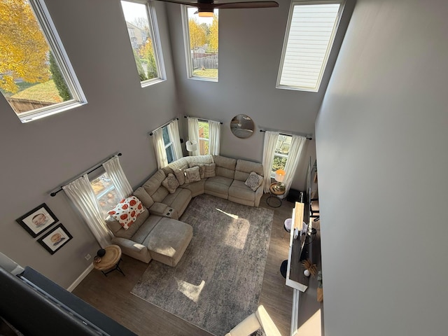 living room featuring a wealth of natural light, a high ceiling, and hardwood / wood-style flooring