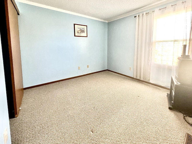 carpeted empty room with crown molding and a textured ceiling