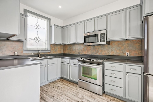 kitchen with stainless steel appliances, gray cabinetry, backsplash, and sink