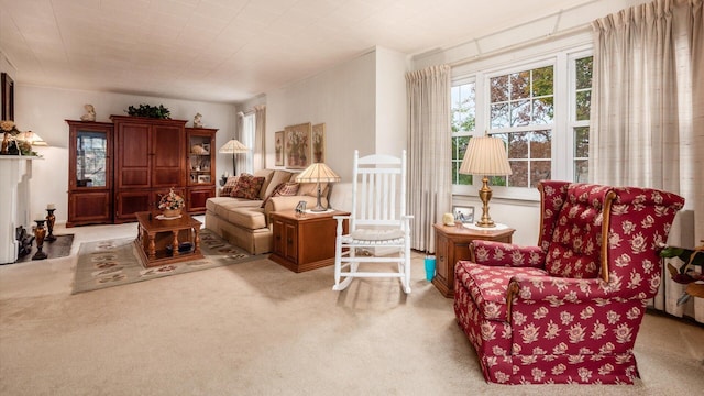 sitting room featuring light carpet