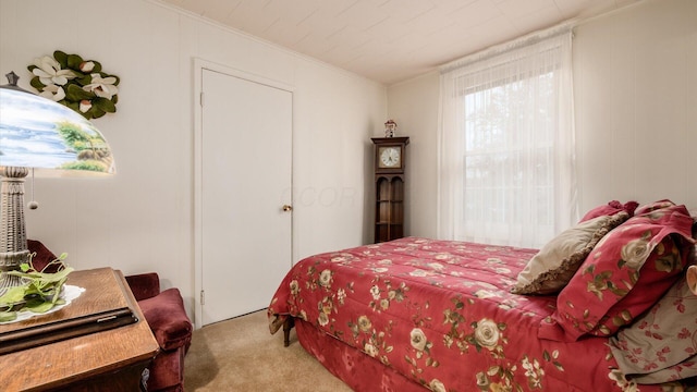 bedroom with crown molding and light carpet