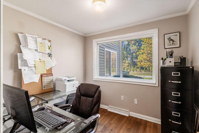 office with dark hardwood / wood-style flooring and crown molding