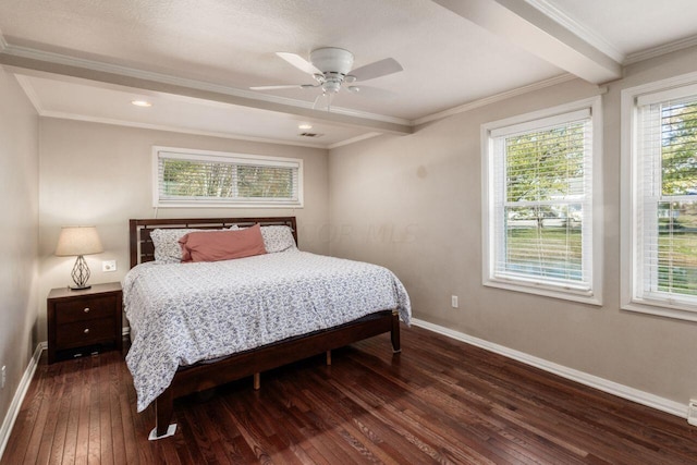 bedroom with ceiling fan, beam ceiling, dark hardwood / wood-style flooring, and ornamental molding