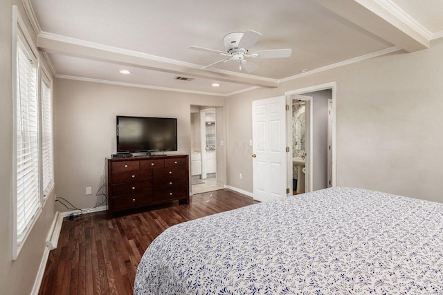 bedroom with dark hardwood / wood-style flooring, ensuite bath, ceiling fan, and crown molding