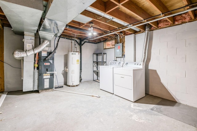 basement featuring independent washer and dryer, electric water heater, electric panel, and heating unit