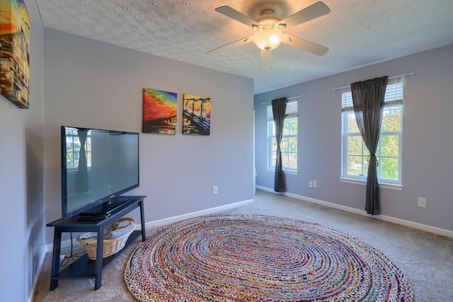 carpeted living room with ceiling fan and a textured ceiling