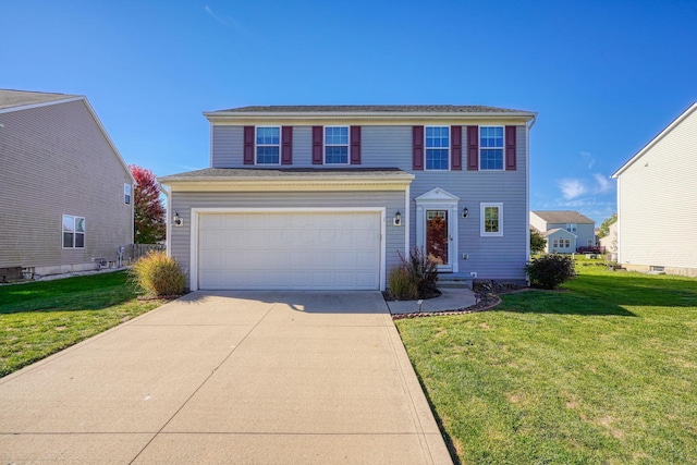 view of front of house featuring a front lawn and a garage