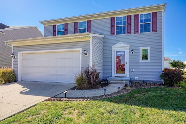 view of front facade with a front yard and a garage