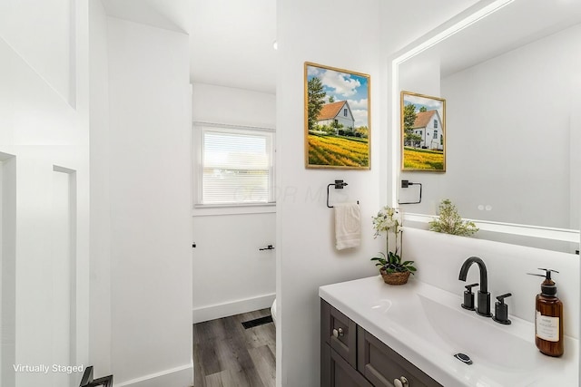 bathroom with vanity and wood-type flooring