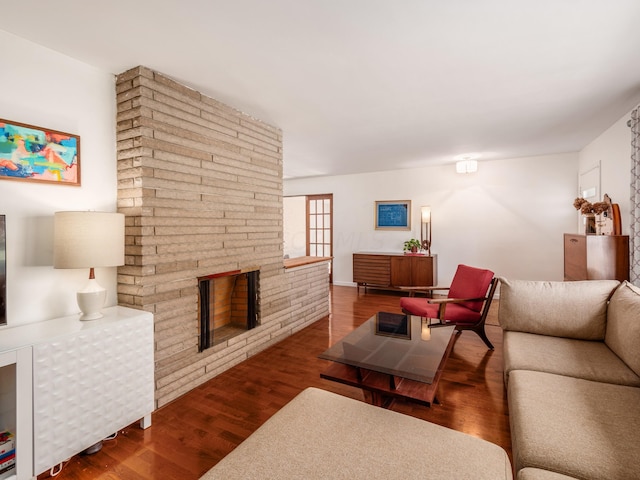 living room featuring a fireplace and dark wood-type flooring