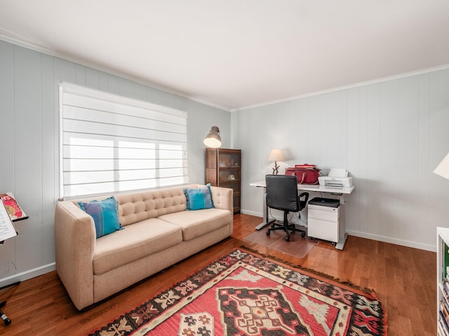 office space with crown molding and hardwood / wood-style flooring