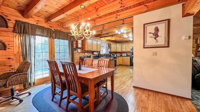 dining space featuring a notable chandelier, beam ceiling, light wood-type flooring, and wooden ceiling