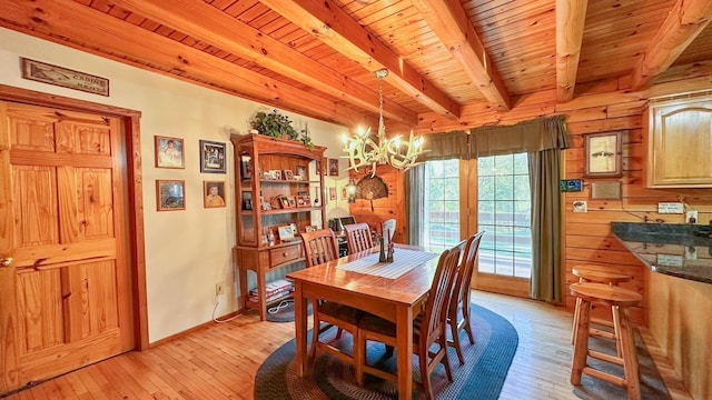 dining space featuring beamed ceiling, light wood-type flooring, wooden walls, and wooden ceiling