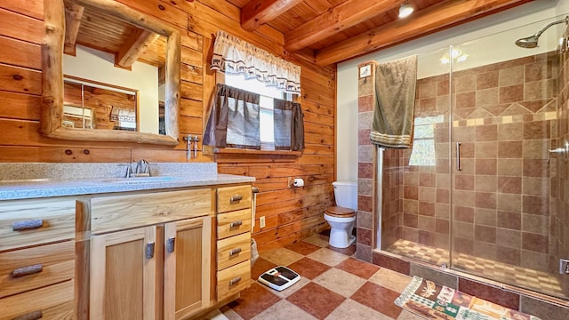 bathroom with vanity, wooden walls, walk in shower, beamed ceiling, and wood ceiling