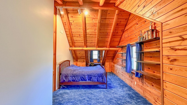 bedroom featuring wooden walls, wood ceiling, and dark colored carpet