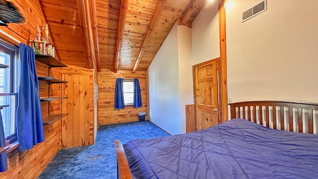 unfurnished bedroom featuring hardwood / wood-style flooring, wooden ceiling, wooden walls, and multiple windows