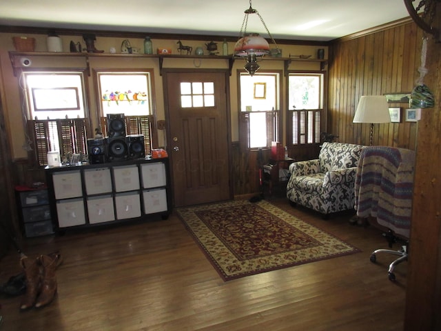 foyer entrance with wood walls and dark wood-type flooring