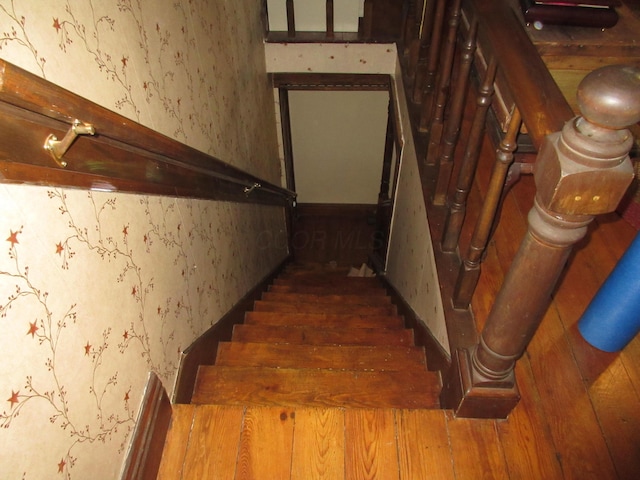 staircase featuring hardwood / wood-style flooring