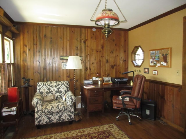 office space featuring wooden walls, crown molding, and dark hardwood / wood-style floors