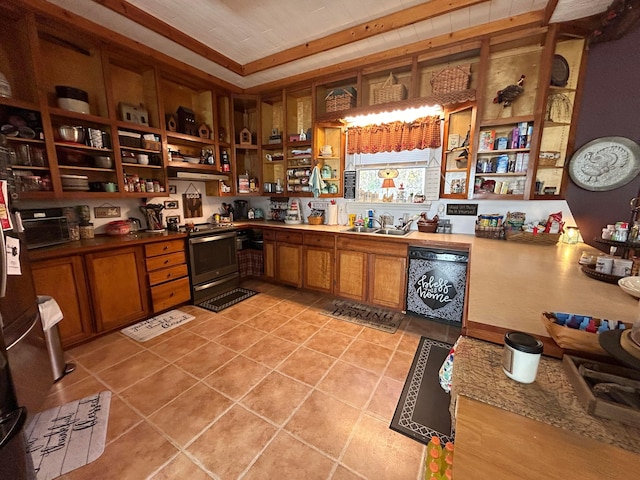 kitchen featuring dishwasher, light tile patterned floors, electric stove, and sink