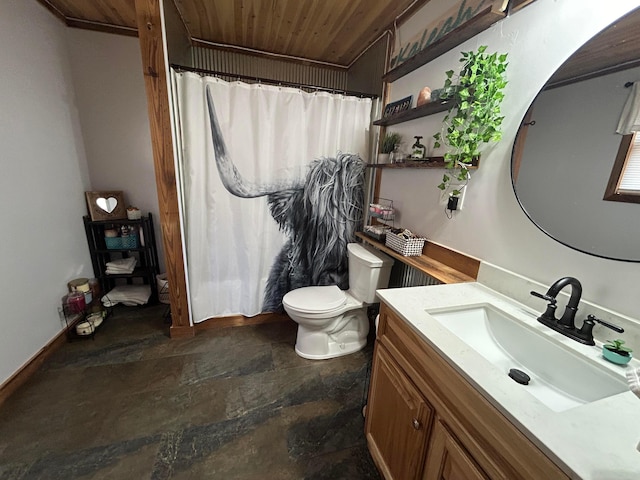 bathroom with vanity, toilet, and wooden ceiling