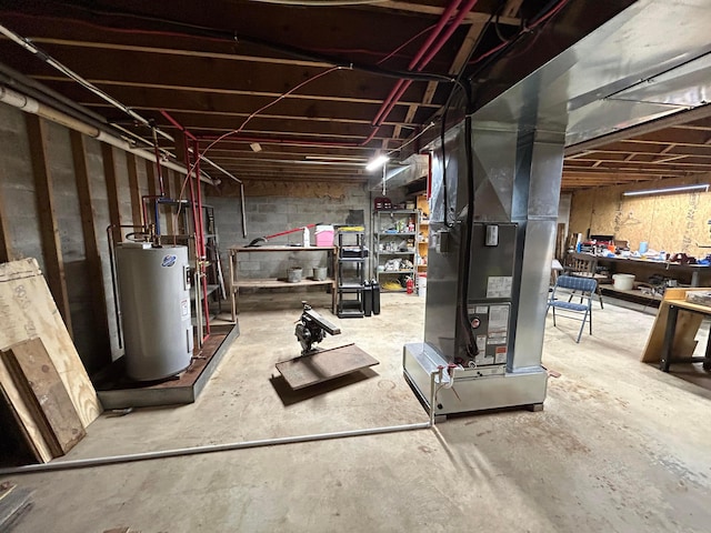 basement with heating unit and water heater