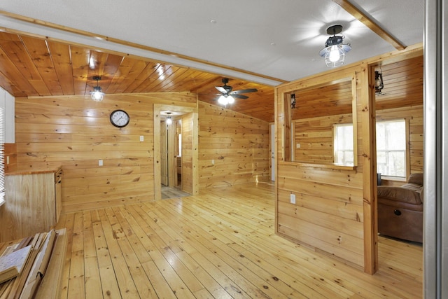 interior space featuring wood ceiling, ceiling fan, wooden walls, light hardwood / wood-style flooring, and lofted ceiling