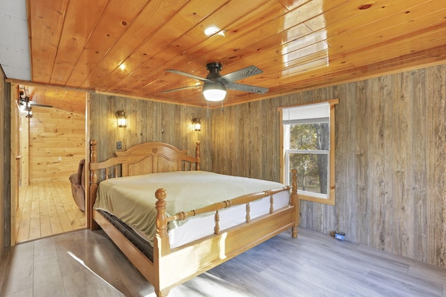 bedroom with hardwood / wood-style flooring, ceiling fan, wooden ceiling, and wood walls