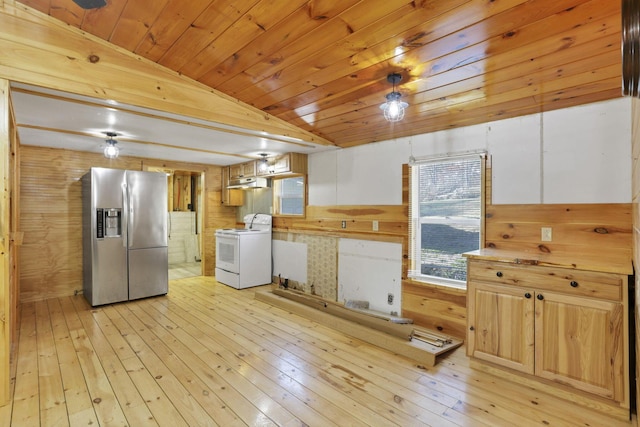 kitchen featuring white electric range oven, stainless steel fridge, light hardwood / wood-style flooring, and wooden walls