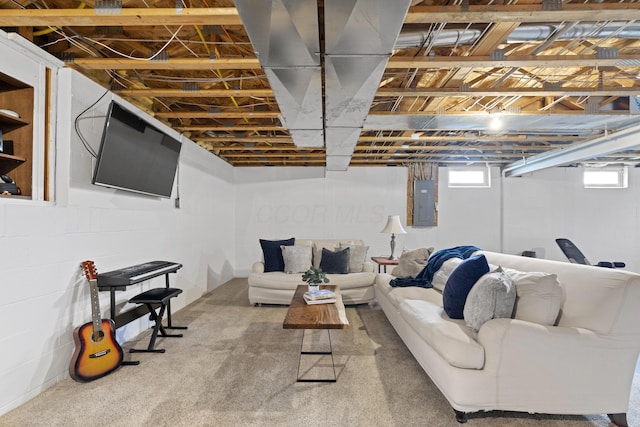carpeted living area featuring electric panel
