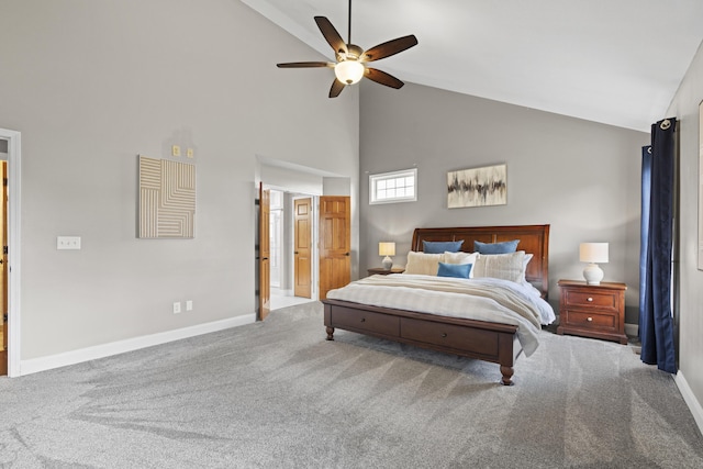 carpeted bedroom featuring baseboards, high vaulted ceiling, and ceiling fan