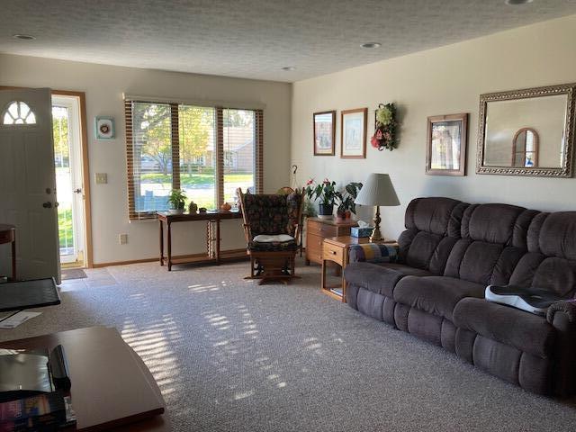 living room with light carpet and a textured ceiling