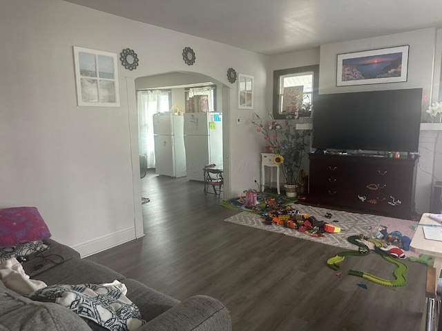 living room with dark wood-type flooring