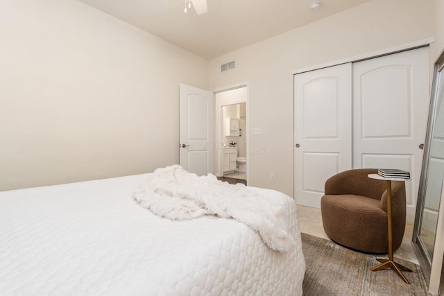 bedroom featuring carpet floors, a closet, and ceiling fan