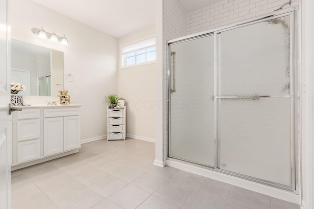 bathroom with tile patterned flooring, vanity, and an enclosed shower