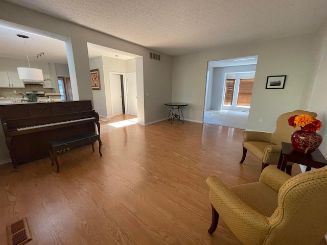 living area with a textured ceiling and light hardwood / wood-style flooring