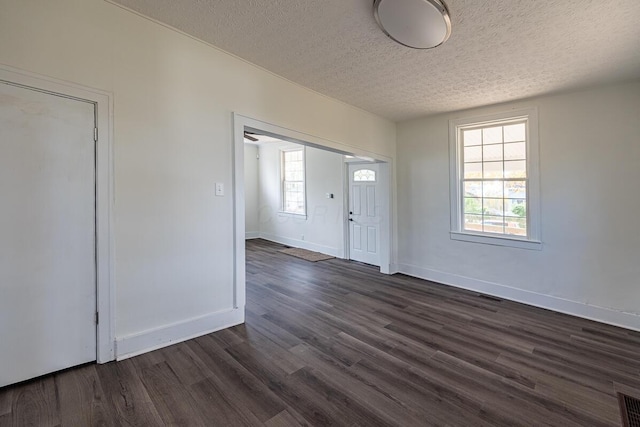 foyer with a textured ceiling, dark hardwood / wood-style floors, and plenty of natural light