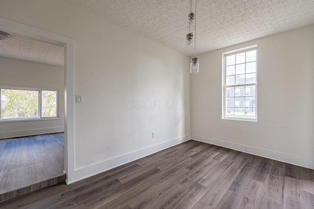 empty room with hardwood / wood-style floors, a healthy amount of sunlight, and a textured ceiling