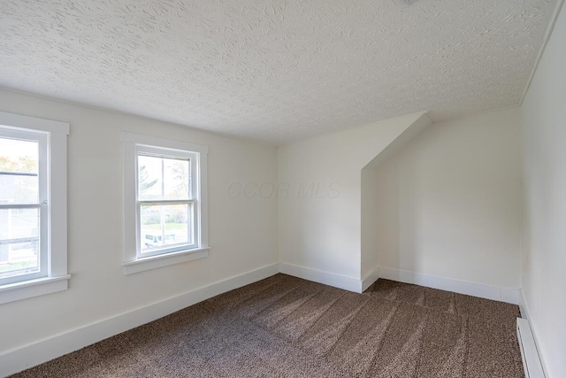 bonus room with plenty of natural light, carpet, and a textured ceiling