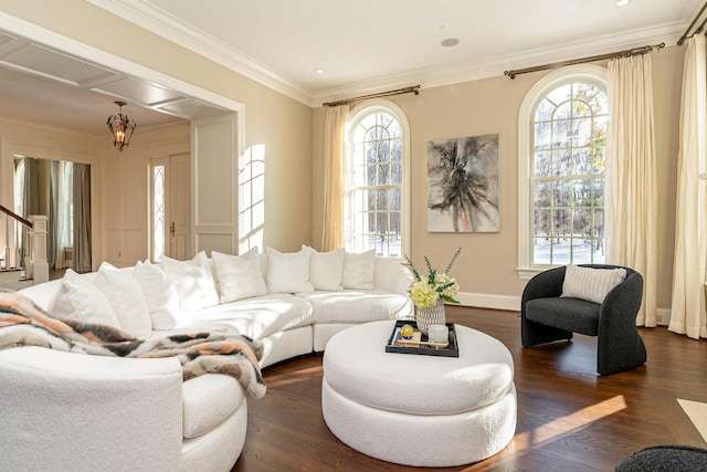 living room featuring dark wood-type flooring, crown molding, and a chandelier