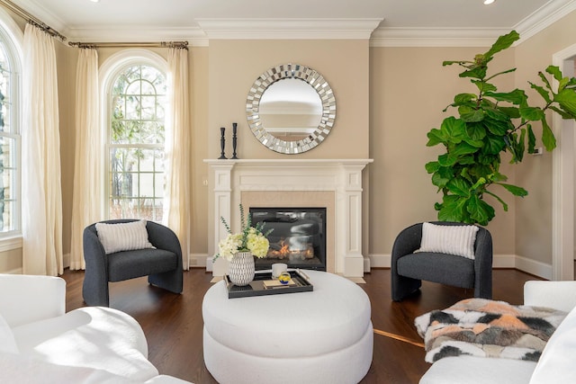 sitting room featuring crown molding, a high end fireplace, and dark hardwood / wood-style flooring