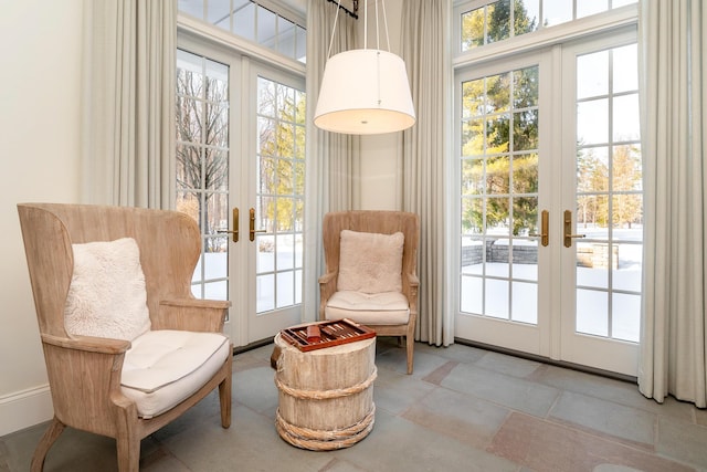 living area featuring french doors and a healthy amount of sunlight